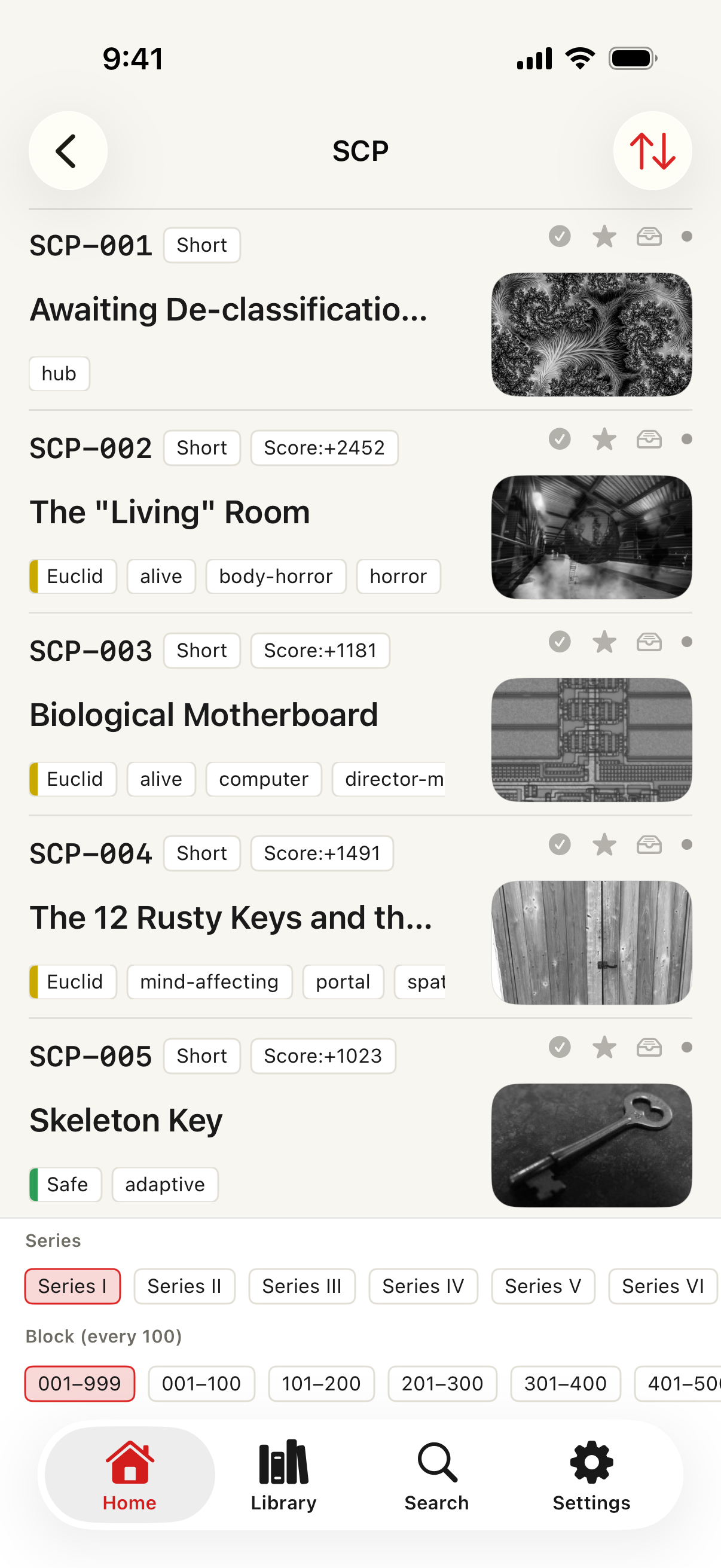 SCP catalog list with article rows, series filters, and block filters
