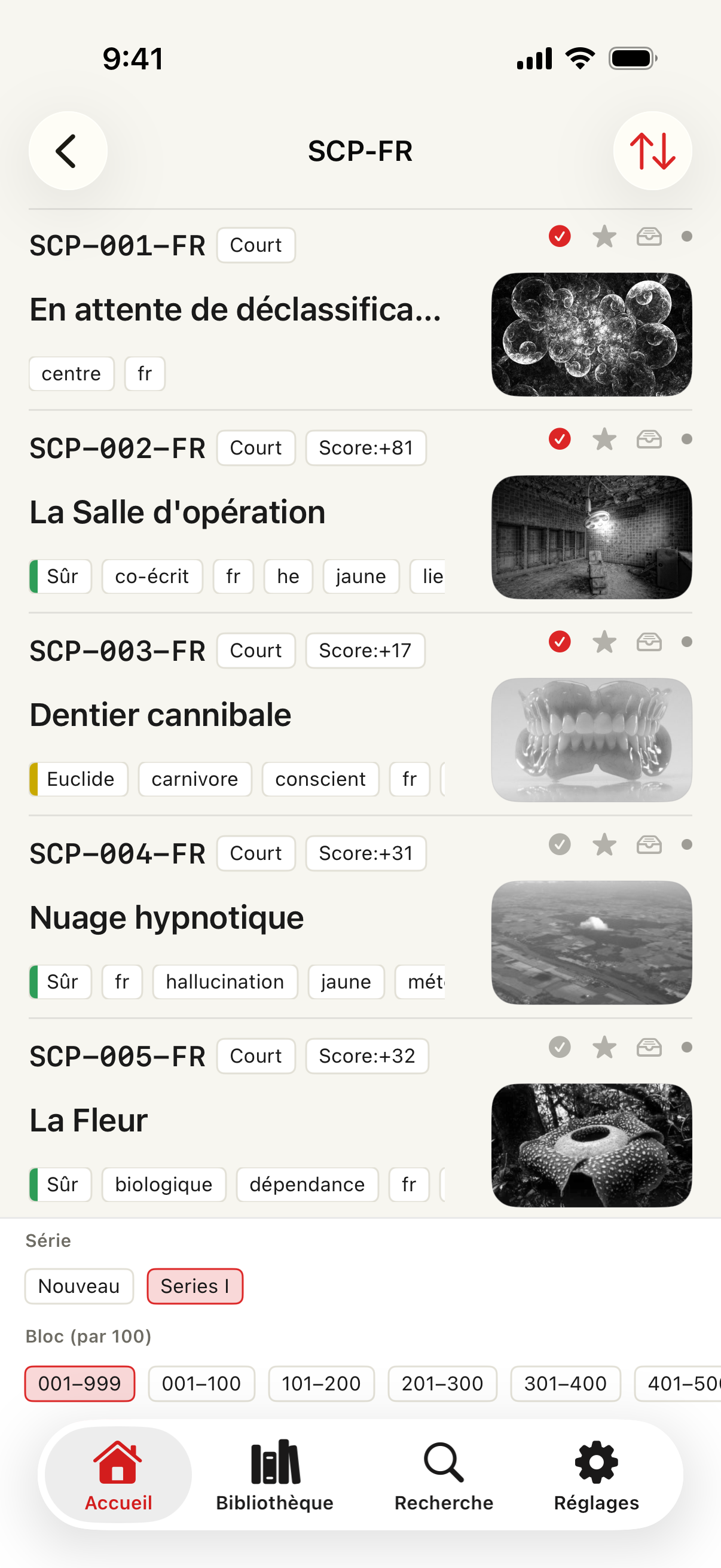 Liste de catalogue SCP avec séries, blocs et lignes d'articles