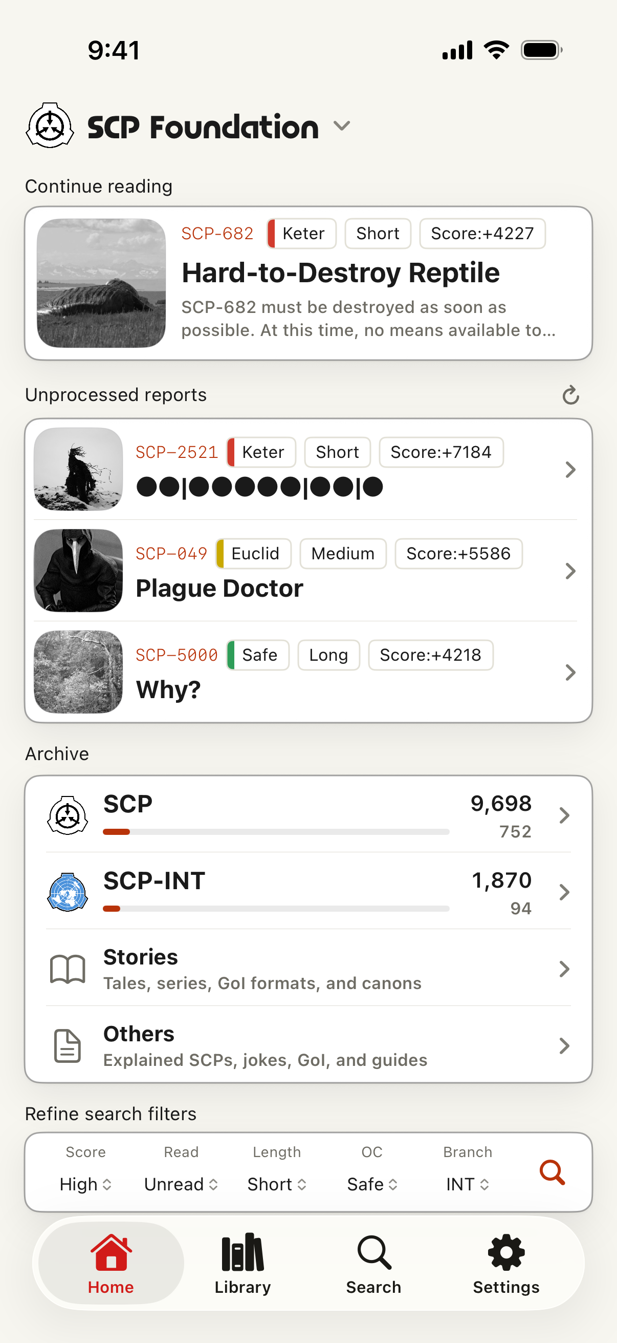 English SCP Docs home screen with continue reading, archive routes, and search filters