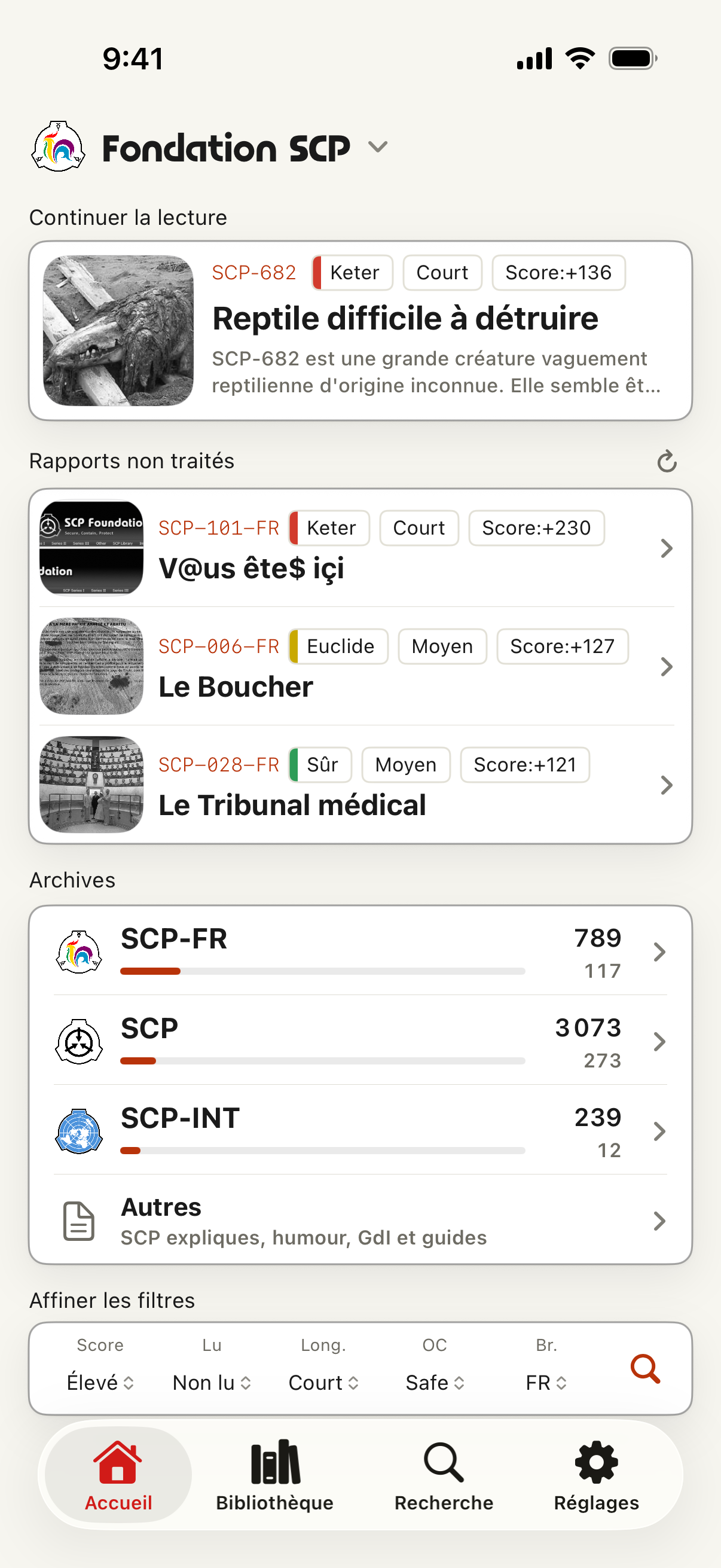 Écran d'accueil SCP Docs en français avec reprise de lecture, routes d'archive et filtres de recherche
