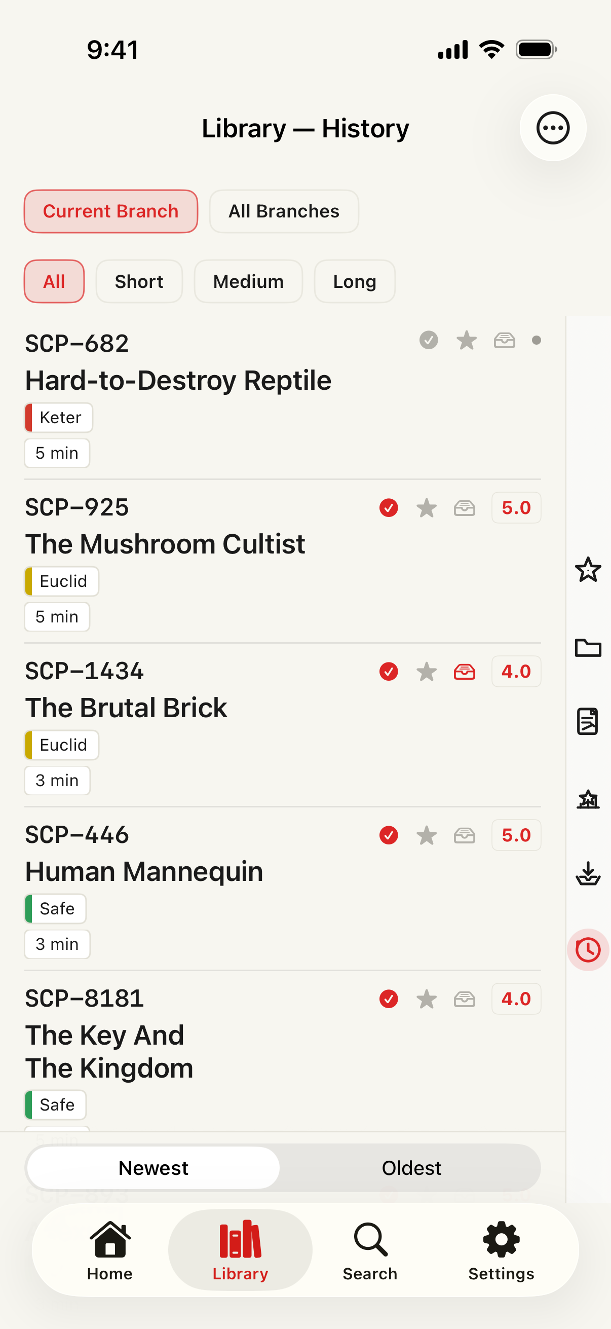 Library history screen with read status, ratings, bookmarks, quick actions, and sort controls
