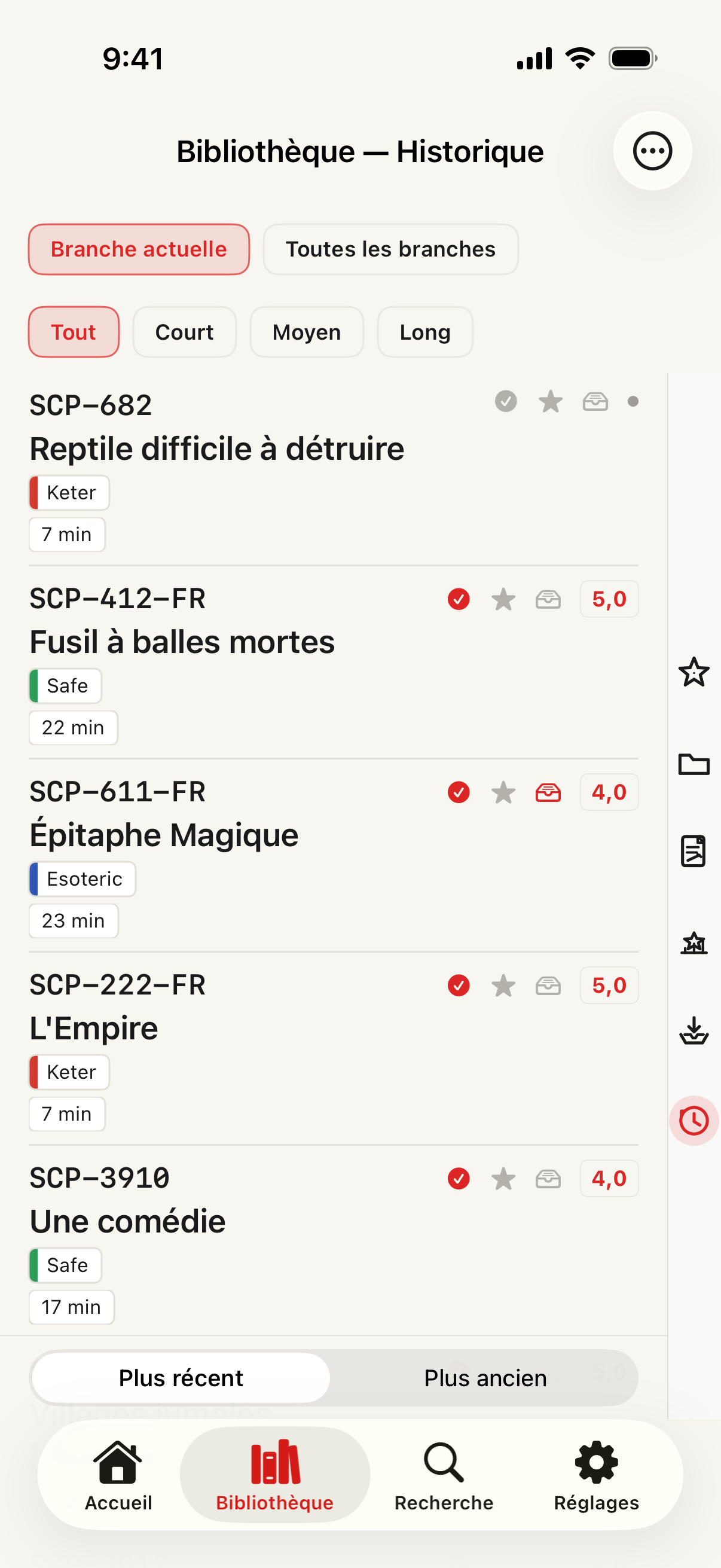 Bibliothèque avec historique, état de lecture, notes, favoris et actions rapides