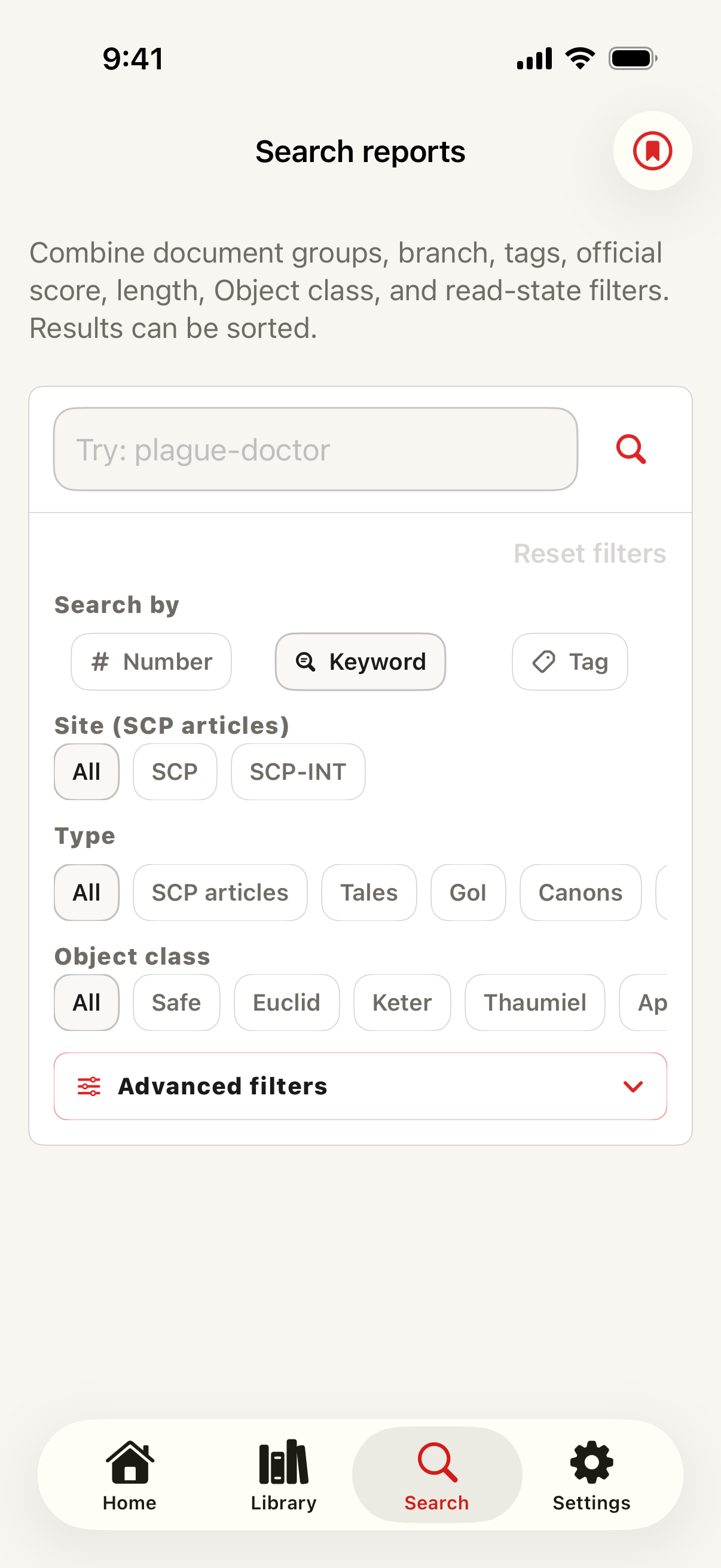 Search screen with number, keyword, tag, site, type, Object Class, and advanced filters