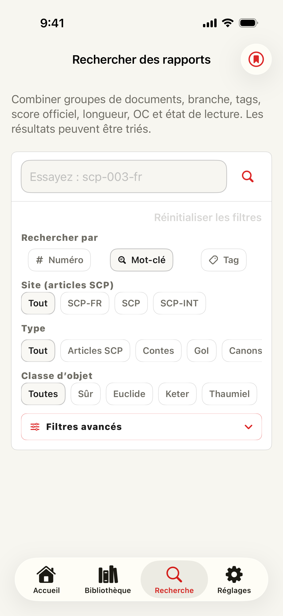 Recherche avec numéro, mot-clé, tag, branche, type, classe d'objet et filtres avancés